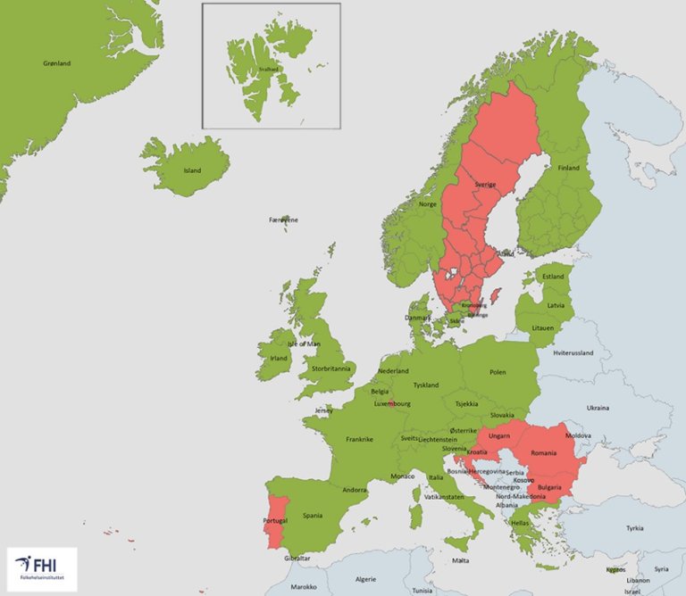 Et koronakart over grønne og røde land.