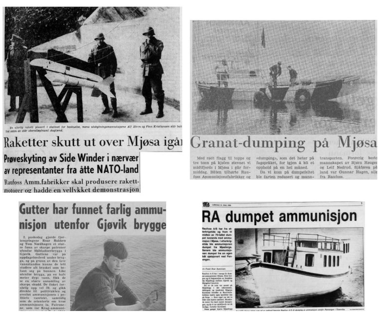 Fire avisutklipp som dokumenterer dumping av ammunisjon i Mjøsa.