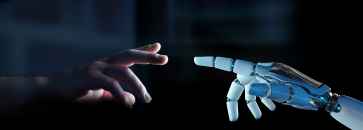 Menneskehånd peker mot robothånd. Illustrasjon